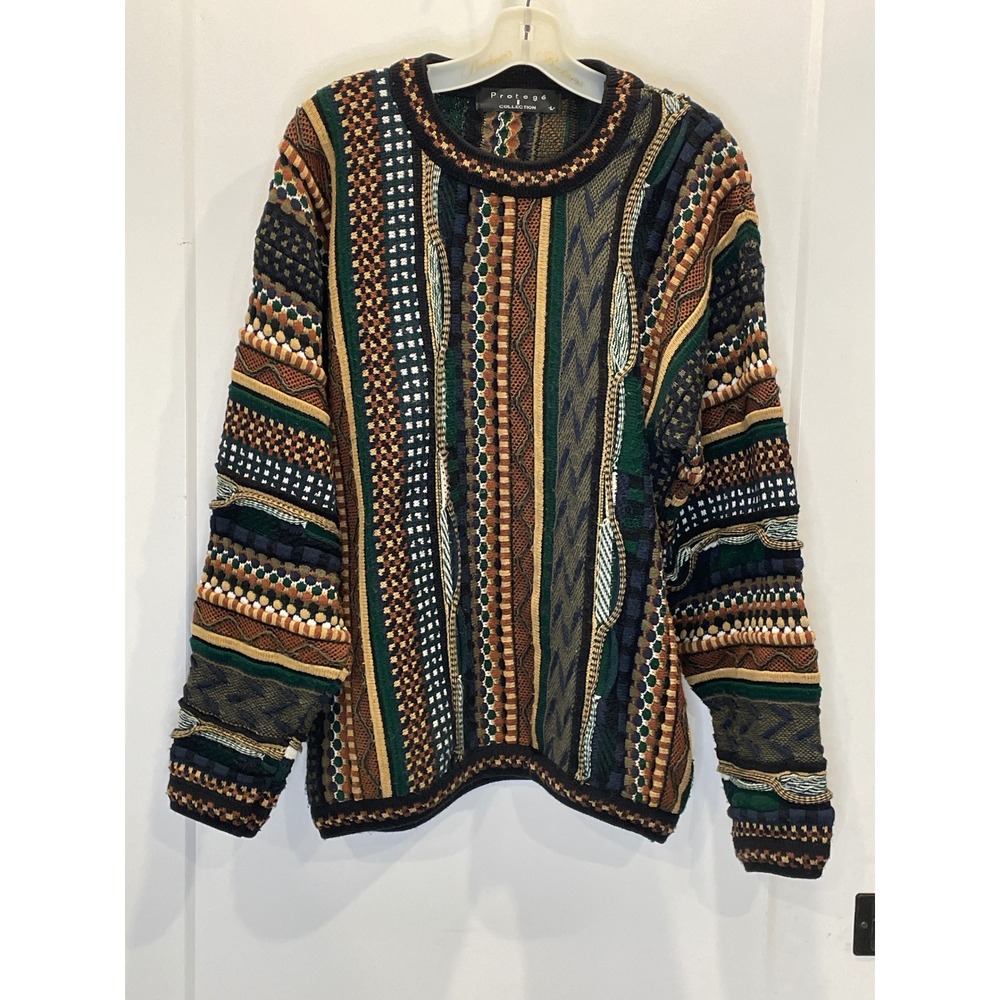 Vintage 90s Protege Men's Coogi Style Knit Sweater 3D Textured Abstract Print